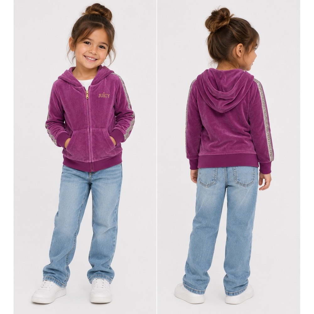 Juicy Couture Velour Hoodie Kids 4T Purple Gold Logo Tape Sleeve Zip Sweatshirt